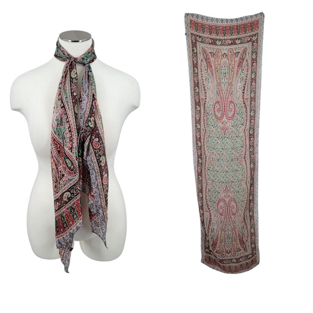 Silk Chiffon Red Green Paisley Patterned Scarf Head Wrap Belt